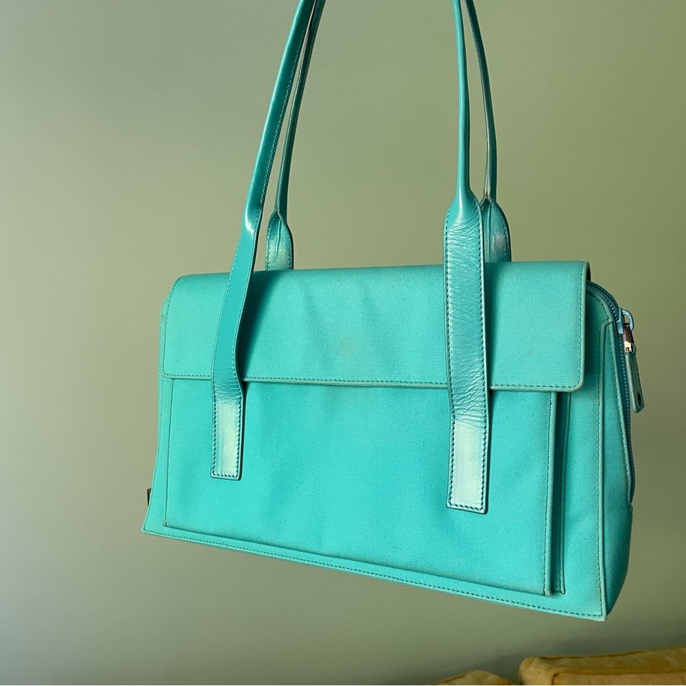Gucci Turquoise Blue Fabric Handbag with Leather Straps and Gunmetal Hardware - Picture 3 of 16